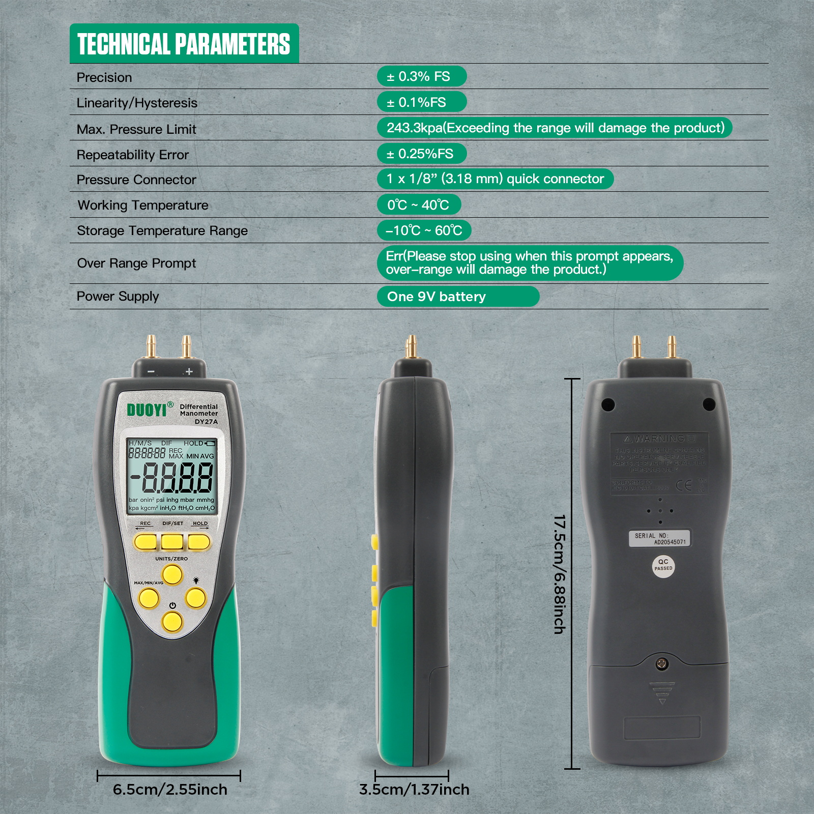 Digital Differential Pressure Gauge with 11-unit LCD display DY27A - Image 6