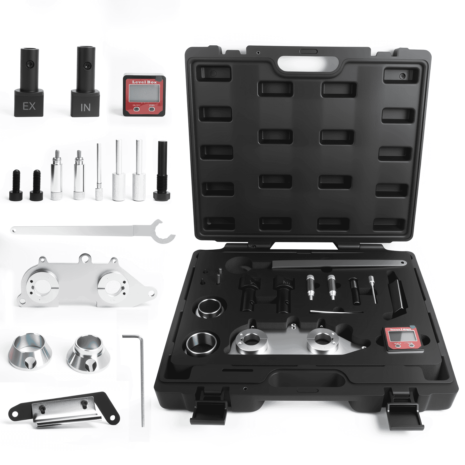 Penetration testing tool kit for automotive diagnostics, including specialized hardware and Bluetooth adapters for vehicle security testing and system analysis.