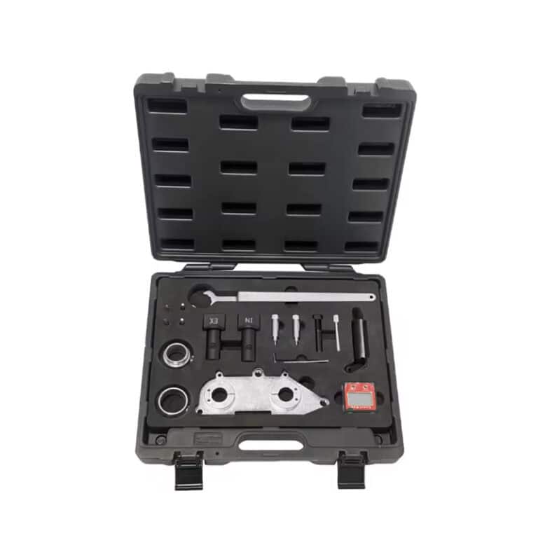 Oil lock tool set for auto engine timing and seal removal in a durable black carrying case.